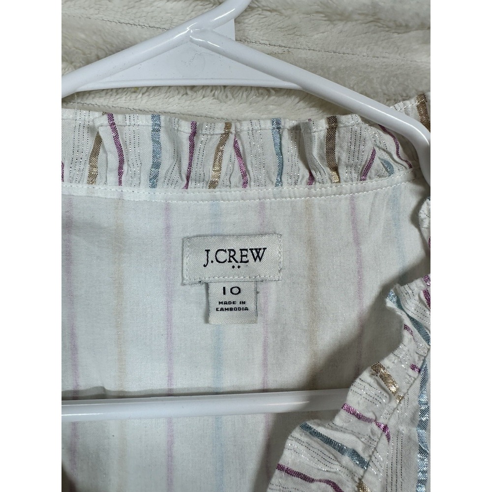 J Crew‎ Dress Women's White Multi Metallic Shimmer Stripe Ruffle Trim Midi 10 - Picture 11 of 15